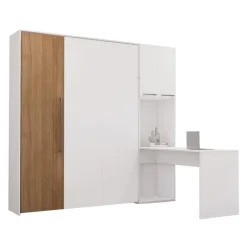 Queen Murphy Bed with Storage Cabinets and Desk - White &