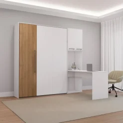 Queen Murphy Bed with Storage Cabinets and Desk - White &