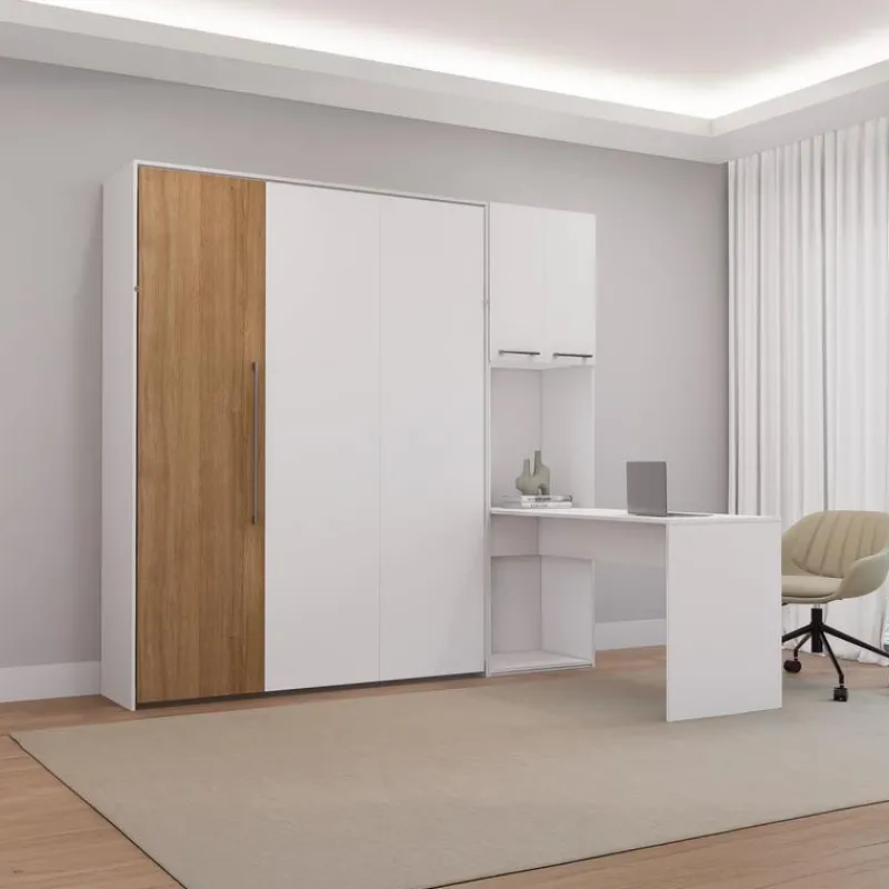 Queen Murphy Bed with Storage Cabinets and Desk - White &
