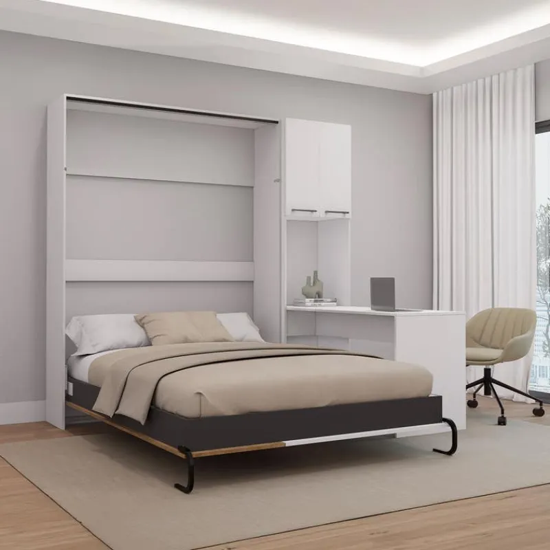 Queen Murphy Bed with Storage Cabinets and Desk - White &