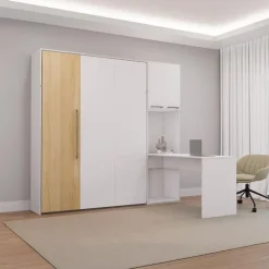 Queen Murphy Bed with Storage Cabinets and Desk - White &