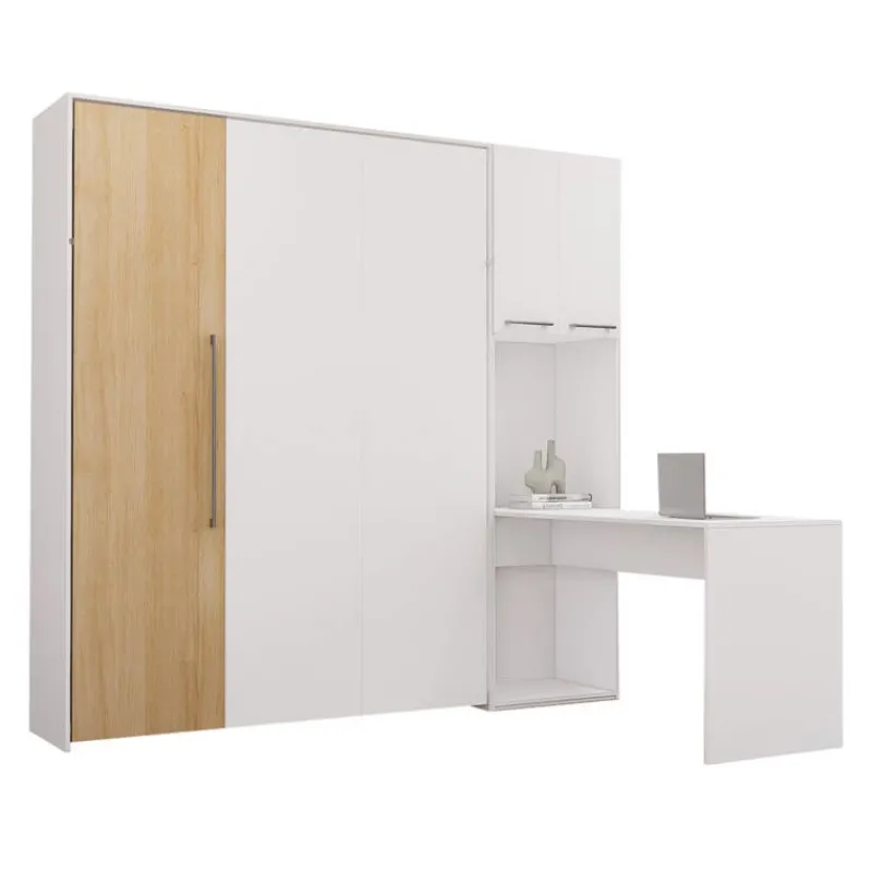 Queen Murphy Bed with Storage Cabinets and Desk - White &