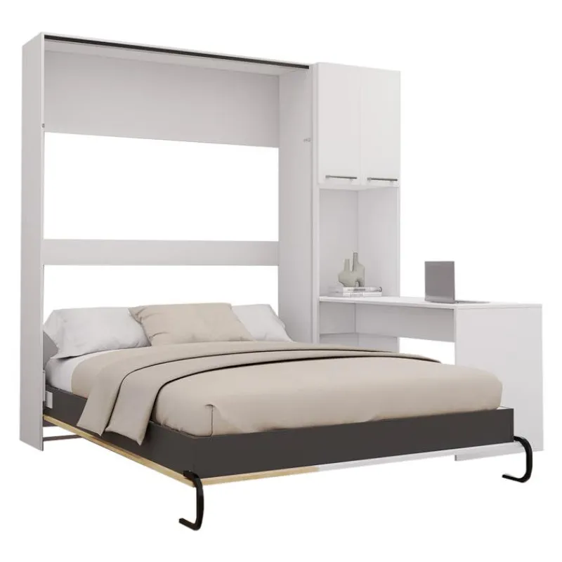 Queen Murphy Bed with Storage Cabinets and Desk - White &