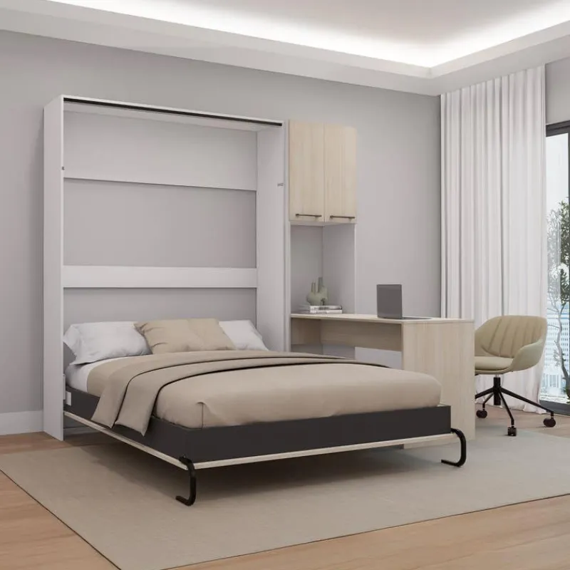 Queen Murphy Bed with Storage Cabinets and Desk -