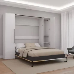 Queen Murphy Bed with Storage Units - White &