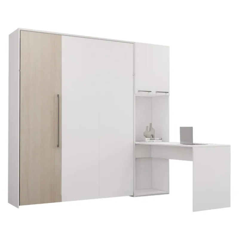 Queen Murphy Bed with Storage Cabinets and Desk - White &