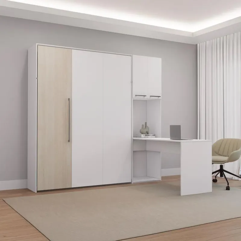 Queen Murphy Bed with Storage Cabinets and Desk - White &