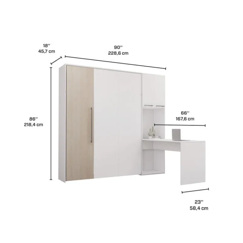 Queen Murphy Bed with Storage Cabinets and Desk - White &