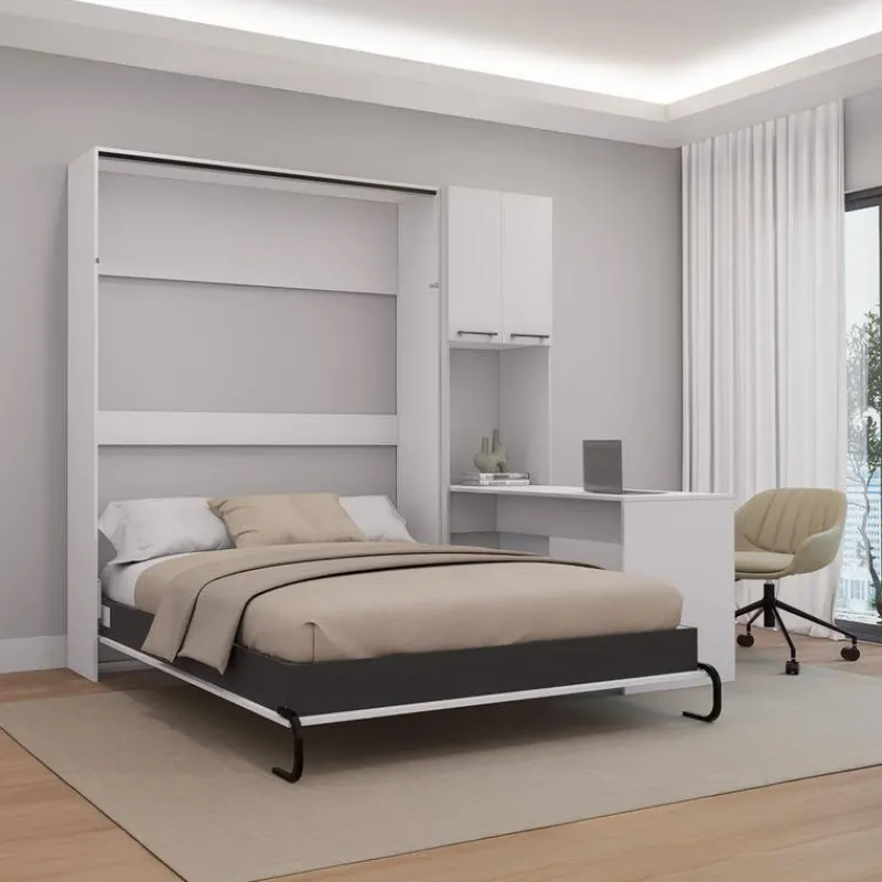 Queen Murphy Bed with Storage Cabinets and Desk -