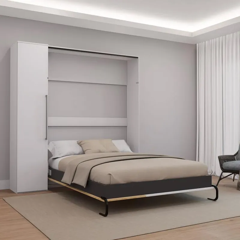 Queen Murphy Bed with Storage Unit - White &