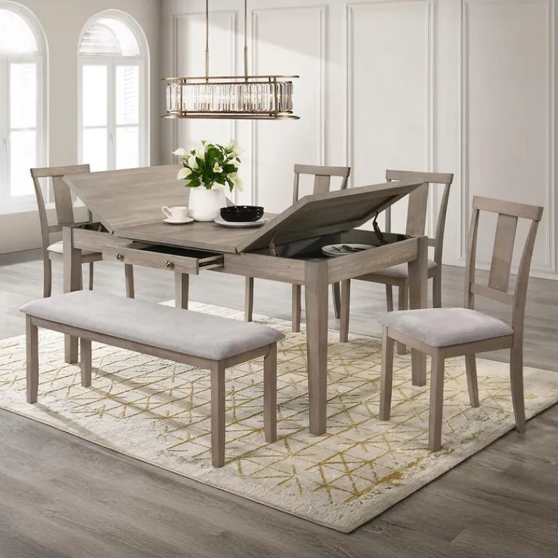 Rectangular Dining Table with Storage Compartments, 4 Chairs and 1 Bench -