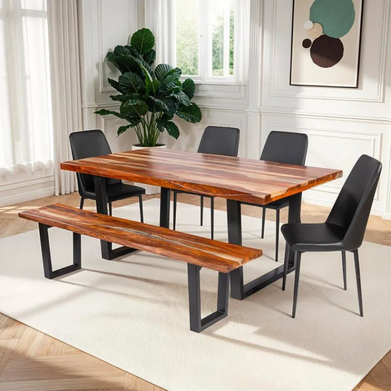 Rectangular Solid Wood Dining Table, 4 Chairs & Bench - 72"