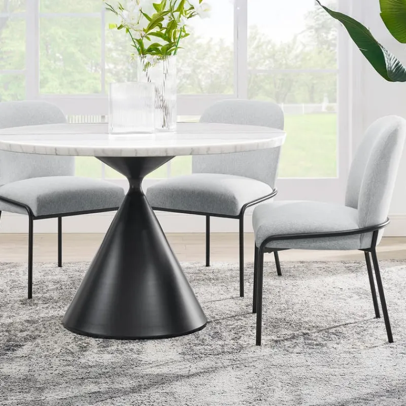 Round Marble Dining Table with 4 Upholstered Chairs - 48"
