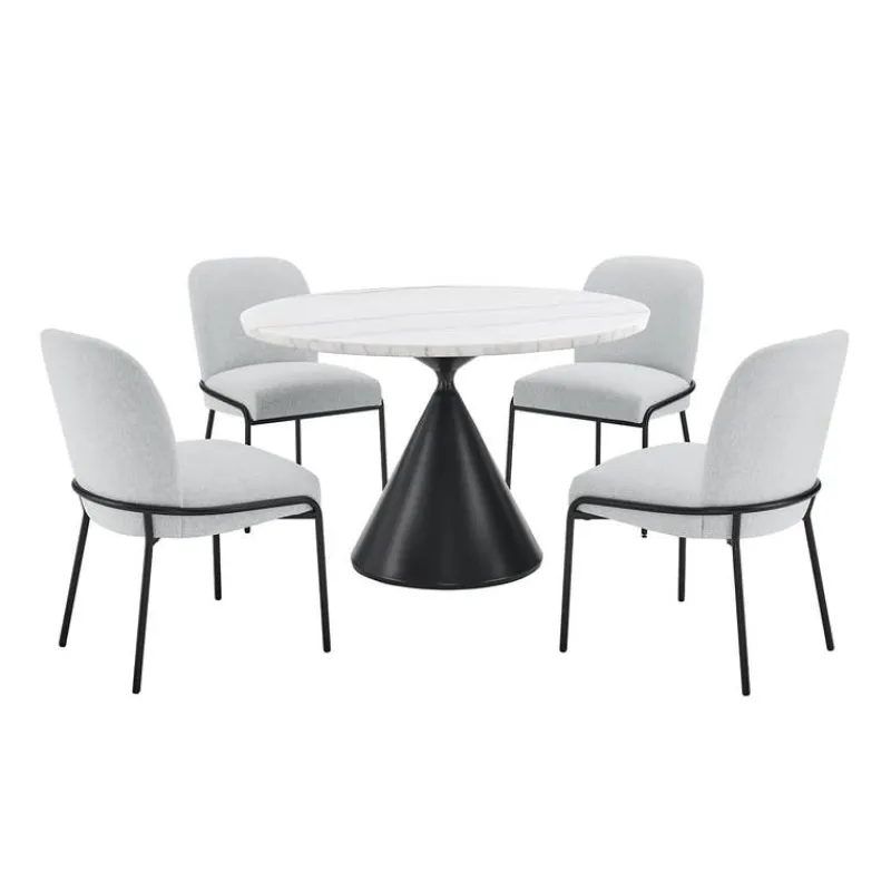 Round Marble Dining Table with 4 Upholstered Chairs - 48"
