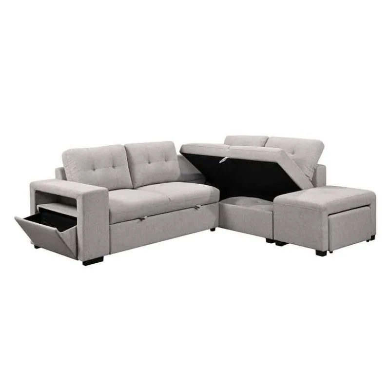 Sectional Bed with Chaise, Storage, and 2 Removable Ottomans