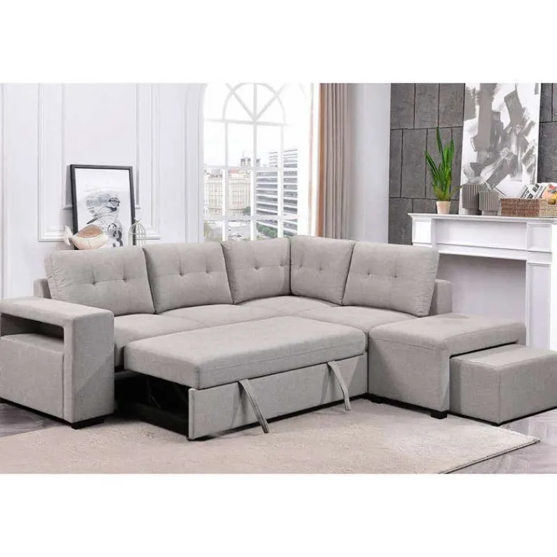 Sectional Bed with Chaise, Storage, and 2 Removable Ottomans