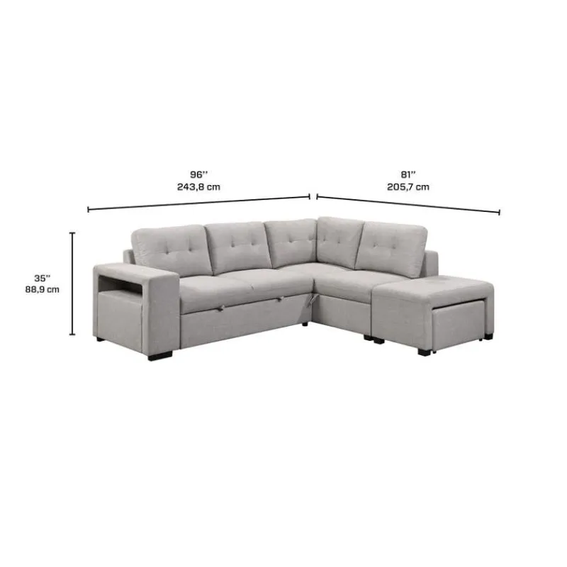 Sectional Bed with Chaise, Storage, and 2 Removable Ottomans