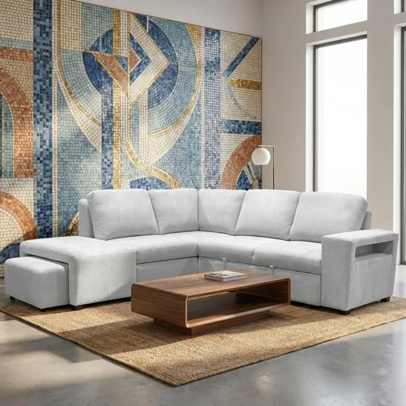Sectional Bed with Left-Facing Chaise, Storage Compartments and an Extendable Ottoman