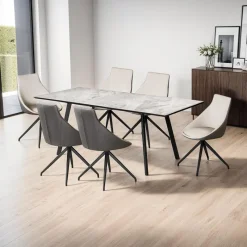 Sintered Stone Table and 6 Kitchen Armchairs - Cream and Grey