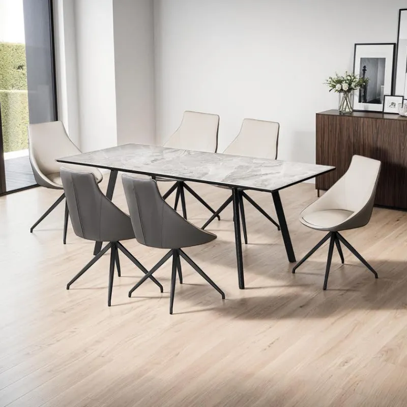 Sintered Stone Table and 6 Kitchen Armchairs - Cream and Grey