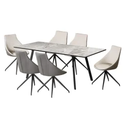 Sintered Stone Table and 6 Kitchen Armchairs - Cream and Grey