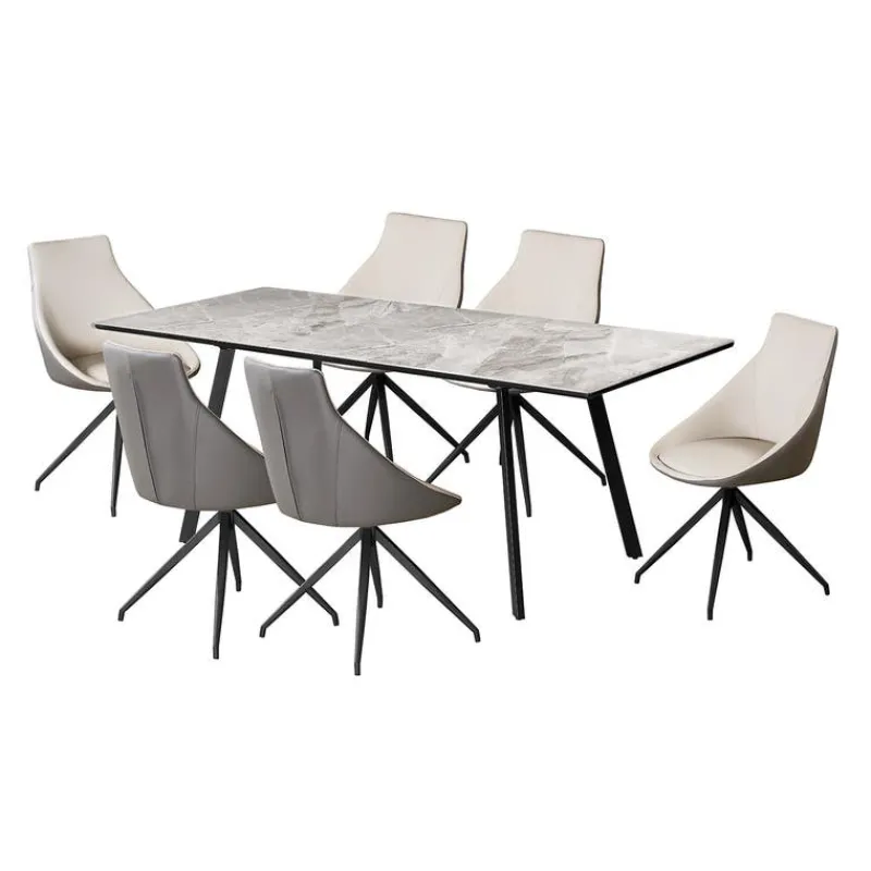 Sintered Stone Table and 6 Kitchen Armchairs - Cream and Grey