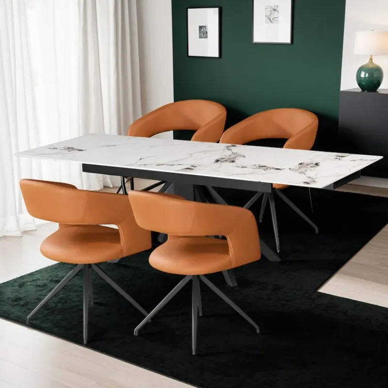 Sintered Stone Table and 4 Kitchen Armchairs - Pumpkin Orange