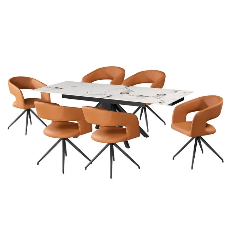 Sintered Stone Table and 6 Kitchen Armchairs - Pumpkin Orange