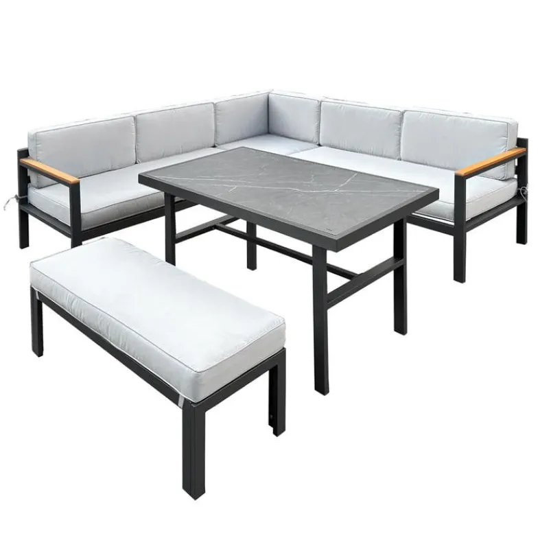 Steel Outdoor Sectional with Dining Table and Bench - 3 pcs