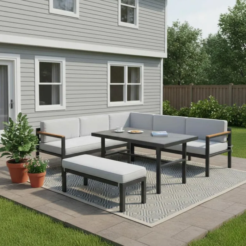 Steel Outdoor Sectional with Dining Table and Bench - 3 pcs