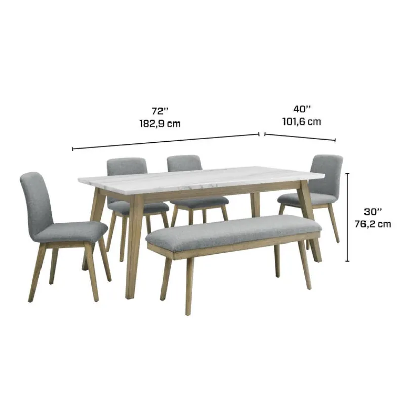 White Marble Top Dining Table, 4 Chairs and 1 Bench - Grey
