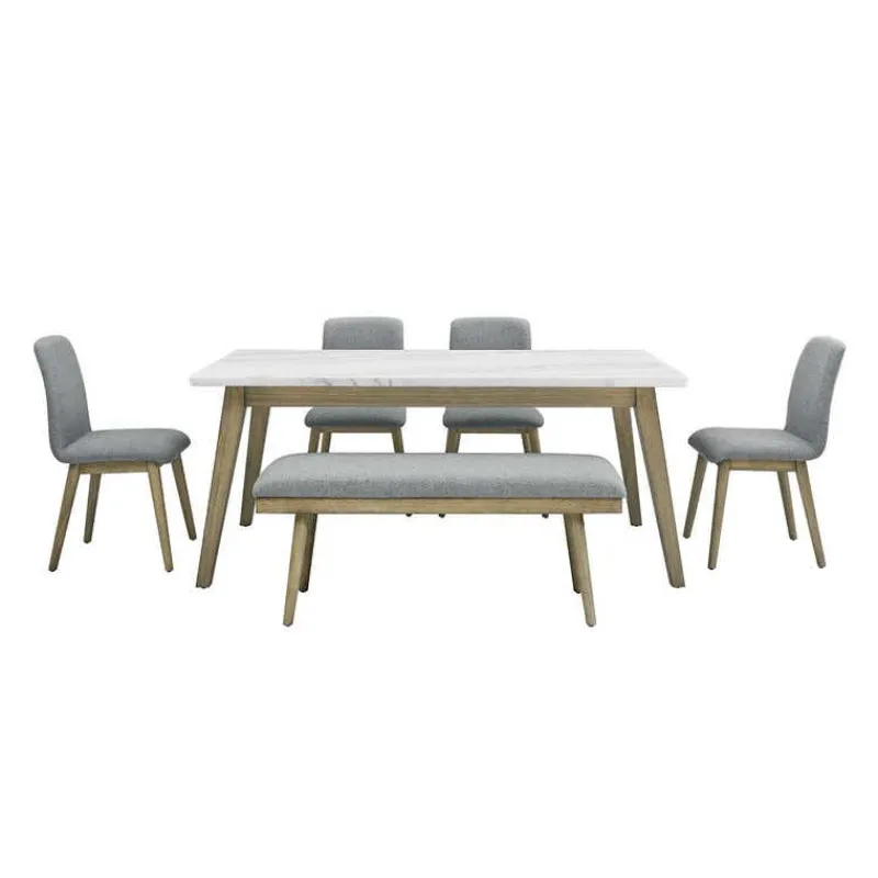 White Marble Top Dining Table, 4 Chairs and 1 Bench - Grey