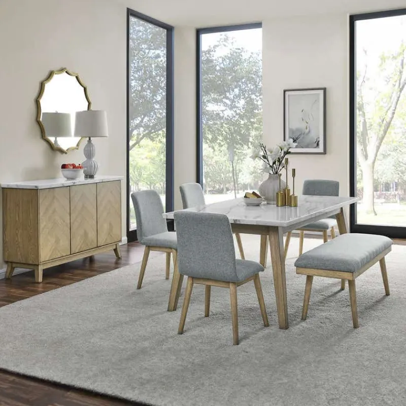 White Marble Top Dining Table, 4 Chairs and 1 Bench - Grey