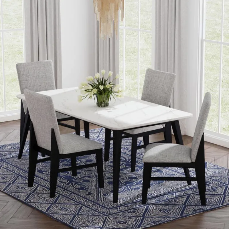 White Marble-Look Top Dining Table with 4 Chairs - Grey Fabric
