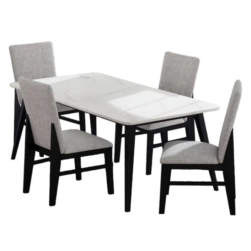 White Marble-Look Top Dining Table with 4 Chairs - Grey Fabric