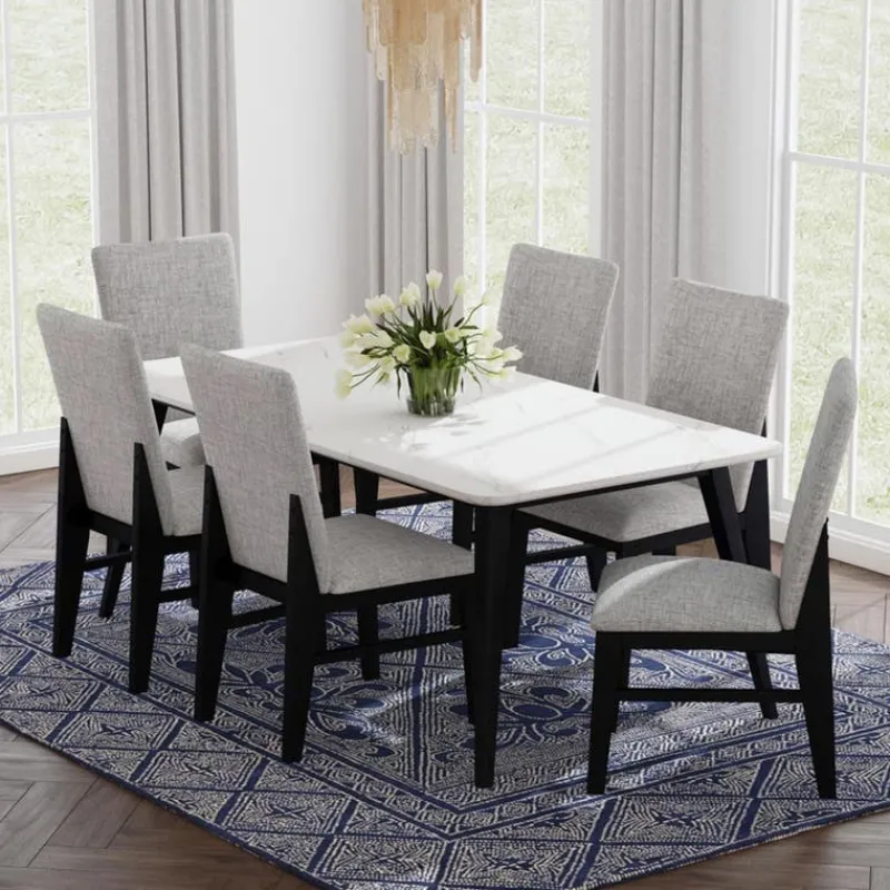White Marble-Look Top Dining Table with 6 Chairs - Grey Fabric