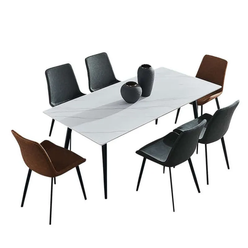 White Sintered Stone Dining Set with 4 Grey Chairs and 2 Cognac Chairs - 59"
