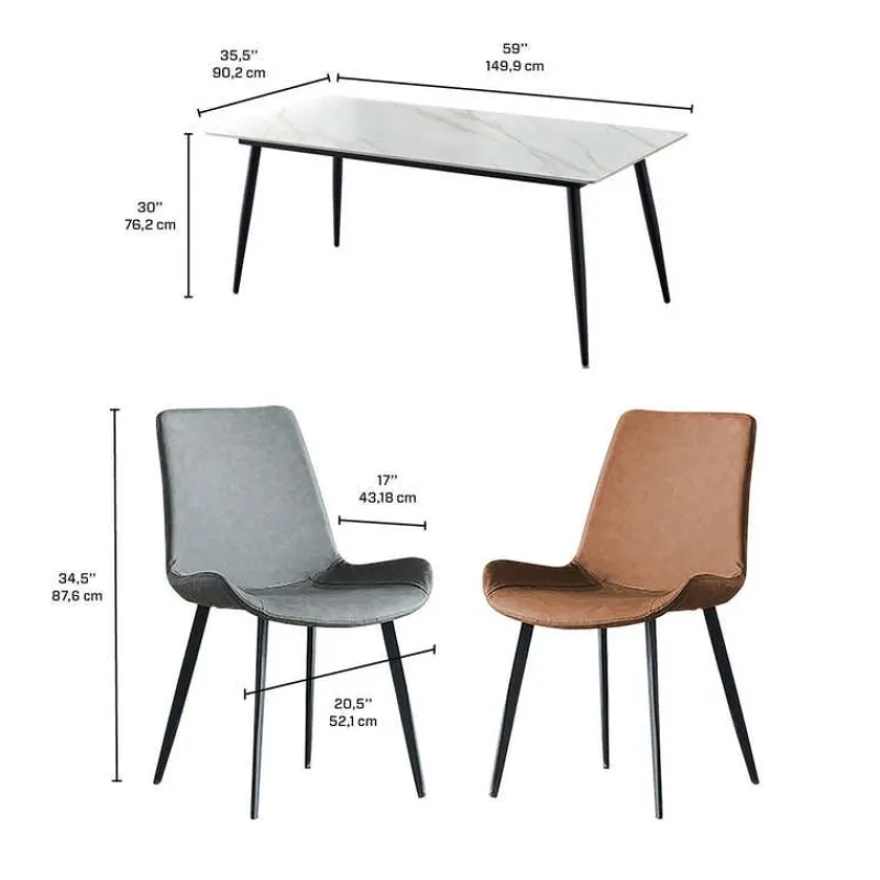White Sintered Stone Dining Set with 4 Grey Chairs and 2 Cognac Chairs - 59"