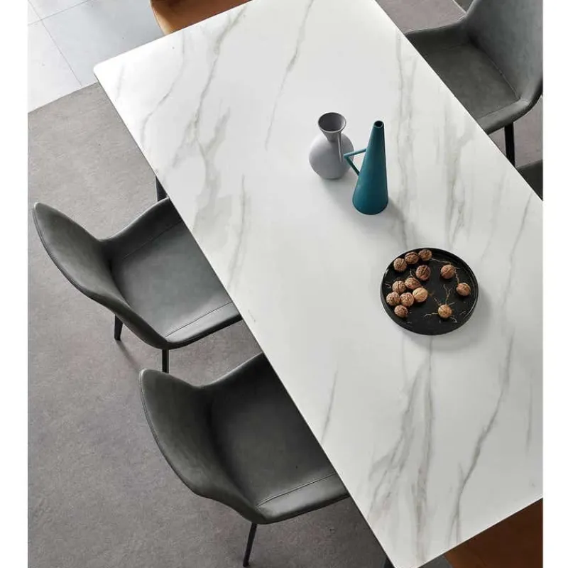 White Sintered Stone Dining Set with 4 Grey Chairs and 2 Cognac Chairs - 59"