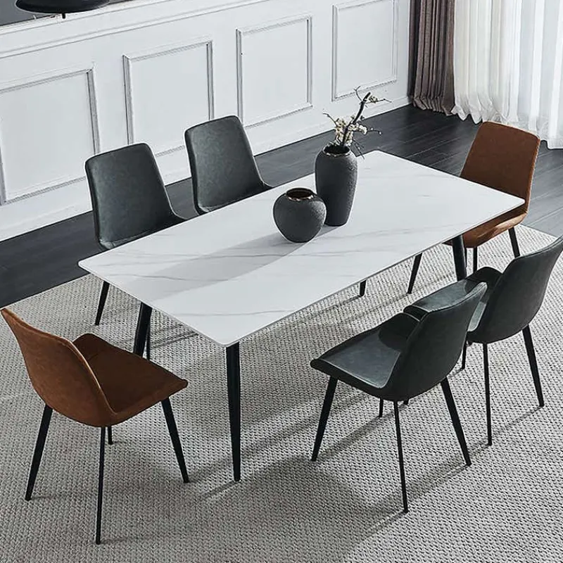 White Sintered Stone Dining Set with 4 Grey Chairs and 2 Cognac Chairs - 59"